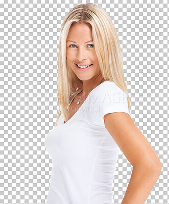 Buy stock photo Portrait, fashion and smile of blonde woman isolated on a transparent png background. Face, style and happy female person from Sweden with confidence, positive mindset and pose in casual clothes.