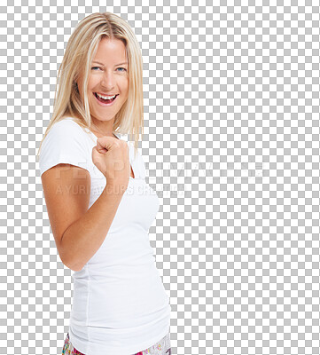 Buy stock photo Happy, portrait of a woman celebrating with fist and isolated against a transparent png background. Success or achievement, agreement or winner and female person with celebration for good news