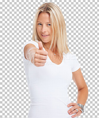 Buy stock photo Thank you, portrait of a woman with thumbs up and isolated against a transparent png background with a smile. Motivation or success, winner or agreement and female person with hand like emoji