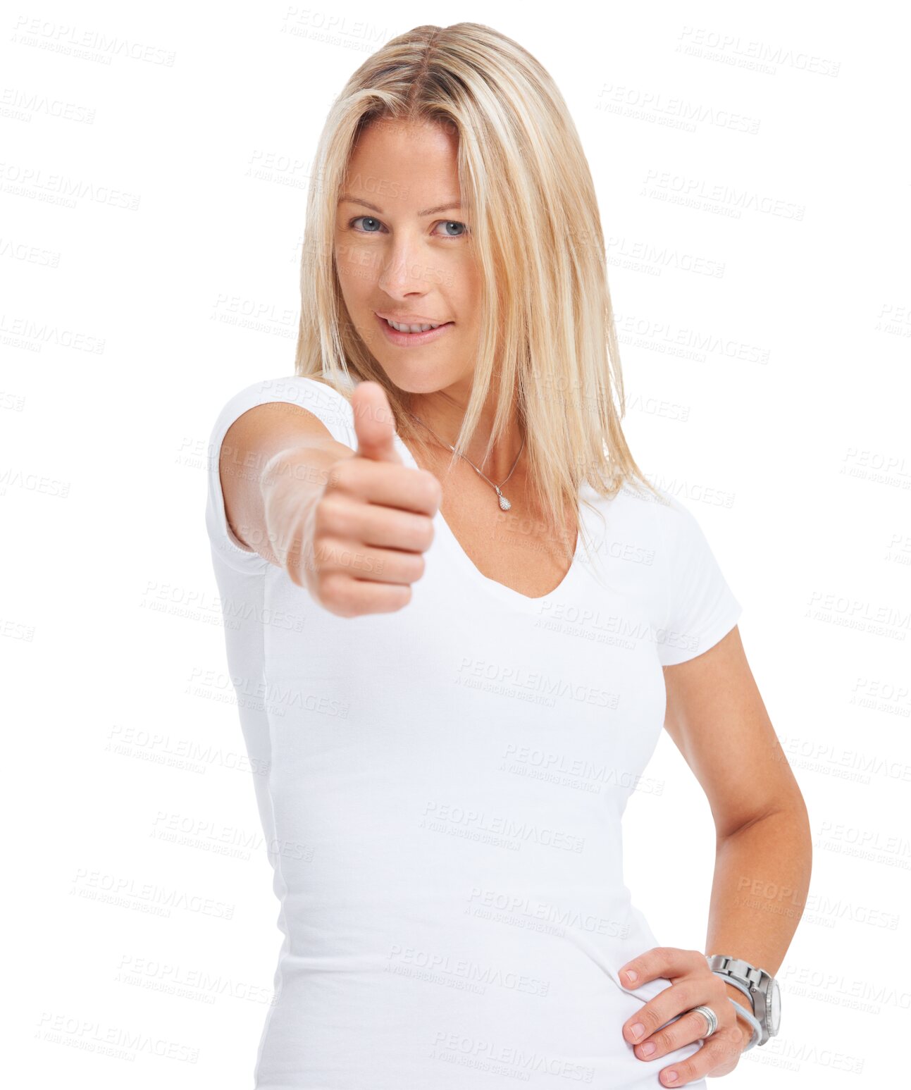 Buy stock photo Thank you, portrait of a woman with thumbs up and isolated against a transparent png background with a smile. Motivation or success, winner or agreement and female person with hand like emoji