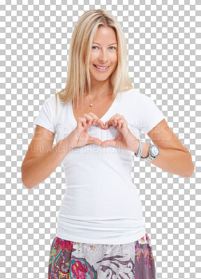 Buy stock photo Isolated woman, heart hands sign and portrait with smile, love and romance by transparent png background. Happy lady, blond model and romantic with care, icon and vote with support, kindness or emoji