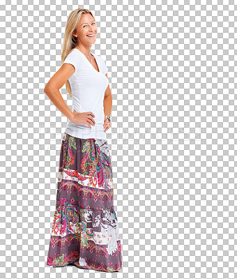 Buy stock photo Portrait, fashion and skirt with a confident woman isolated on transparent background in a stylish outfit. Clothes, fashionable and style with a trendy female person posing in casual clothing on PNG