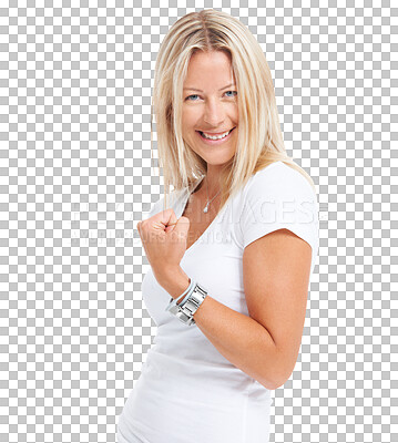 Buy stock photo Happy, portrait of a woman celebrating with smile and isolated against a transparent png background. Good news or achievement, motivation or winner and female person with celebration for success