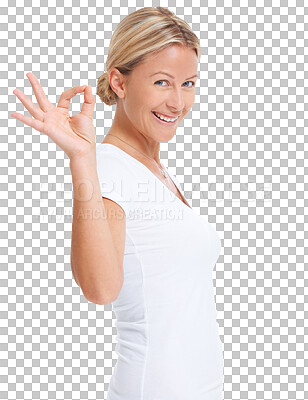 Buy stock photo Isolated woman, OK sign and portrait with smile, excited and good review by transparent png background. Lady, hand symbol for agreement, icon and emoji for opinion, voice and vote with feedback