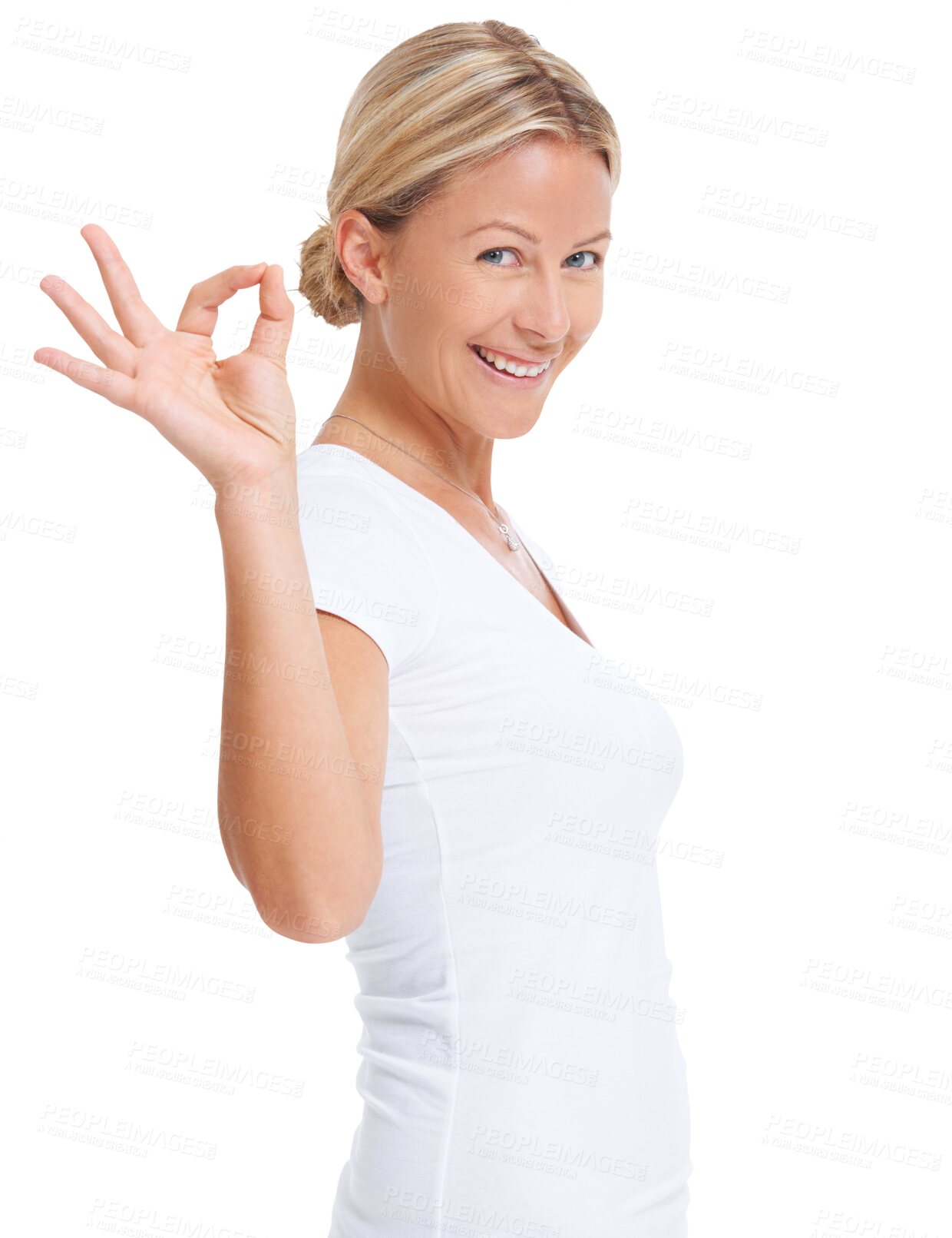 Buy stock photo Isolated woman, OK sign and portrait with smile, excited and good review by transparent png background. Lady, hand symbol for agreement, icon and emoji for opinion, voice and vote with feedback