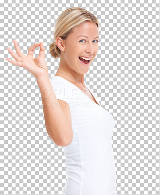 Buy stock photo Isolated woman, OK icon and portrait with smile, excited and good review by transparent png background. Lady, hand and sign language for agreement, symbol and emoji for opinion, voice and feedback