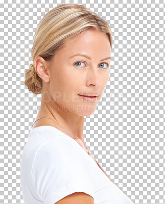 Buy stock photo Portrait, fashion and serious blonde woman isolated on a transparent png background. Face, style and female person from Sweden with confidence mindset, aesthetic outfit and pose in casual clothes.