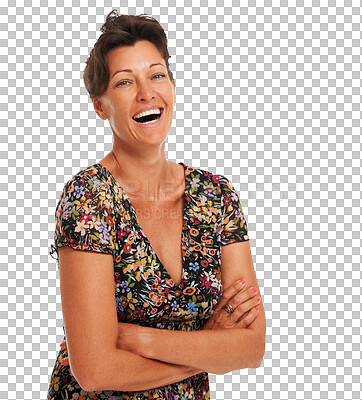 Buy stock photo Happy, portrait of a woman with her arms folded and laughing isolated against a transparent png background. Comedy or comic, humor or happiness and mature female person laugh for a funny joke