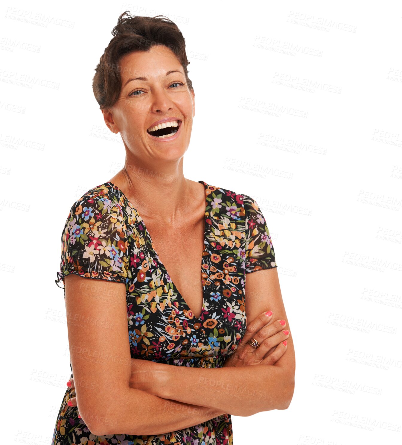 Buy stock photo Happy, portrait of a woman with her arms folded and laughing isolated against a transparent png background. Comedy or comic, humor or happiness and mature female person laugh for a funny joke