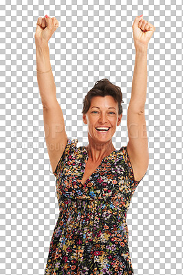 Buy stock photo Portrait, fashion and dress with a winner woman isolated on a transparent background for success or motivation. Arms raised, trendy or achievement with a confident female person in celebration on PNG