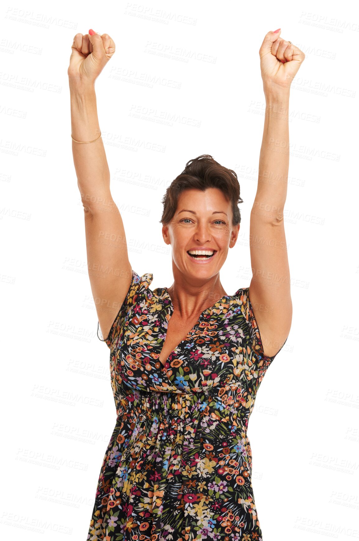 Buy stock photo Portrait, fashion and dress with a winner woman isolated on a transparent background for success or motivation. Arms raised, trendy or achievement with a confident female person in celebration on PNG