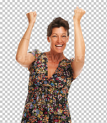 Buy stock photo Portrait, fashion and winner with a mature woman isolated on a transparent background for motivation. Success, trendy and casual dress with a confident female person in celebration of success on PNG