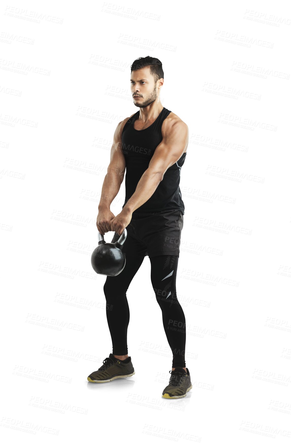 Buy stock photo Isolated bodybuilder man, kettlebell exercise or focus for fitness workout, healthy or transparent png background. Young guy, weightlifting or exercise for strong body, muscle development or wellness