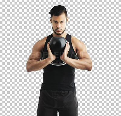 Buy stock photo Serious fitness, exercise and a man with a kettlebell isolated on a transparent, png background. Portrait of male athlete person, bodybuilder or aesthetic model with workout for strong muscle growth