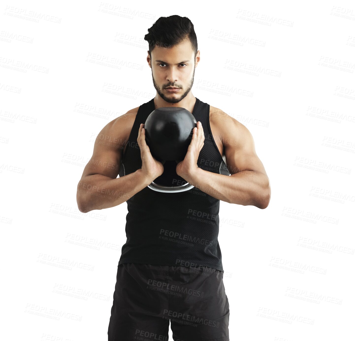 Buy stock photo Serious fitness, exercise and a man with a kettlebell isolated on a transparent, png background. Portrait of male athlete person, bodybuilder or aesthetic model with workout for strong muscle growth