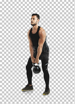 Buy stock photo Fitness, power and kettlebell with a bodybuilding man isolated on a transparent background for a workout. Exercise, weight lifting and muscular with a strong male athlete training for health on PNG