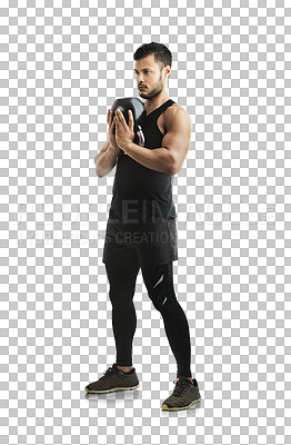 Buy stock photo Fitness, man with a kettle bell and workout isolated against a transparent png background, Exercising or training, practice or sportswear and male athlete with gym equipment for health wellness 