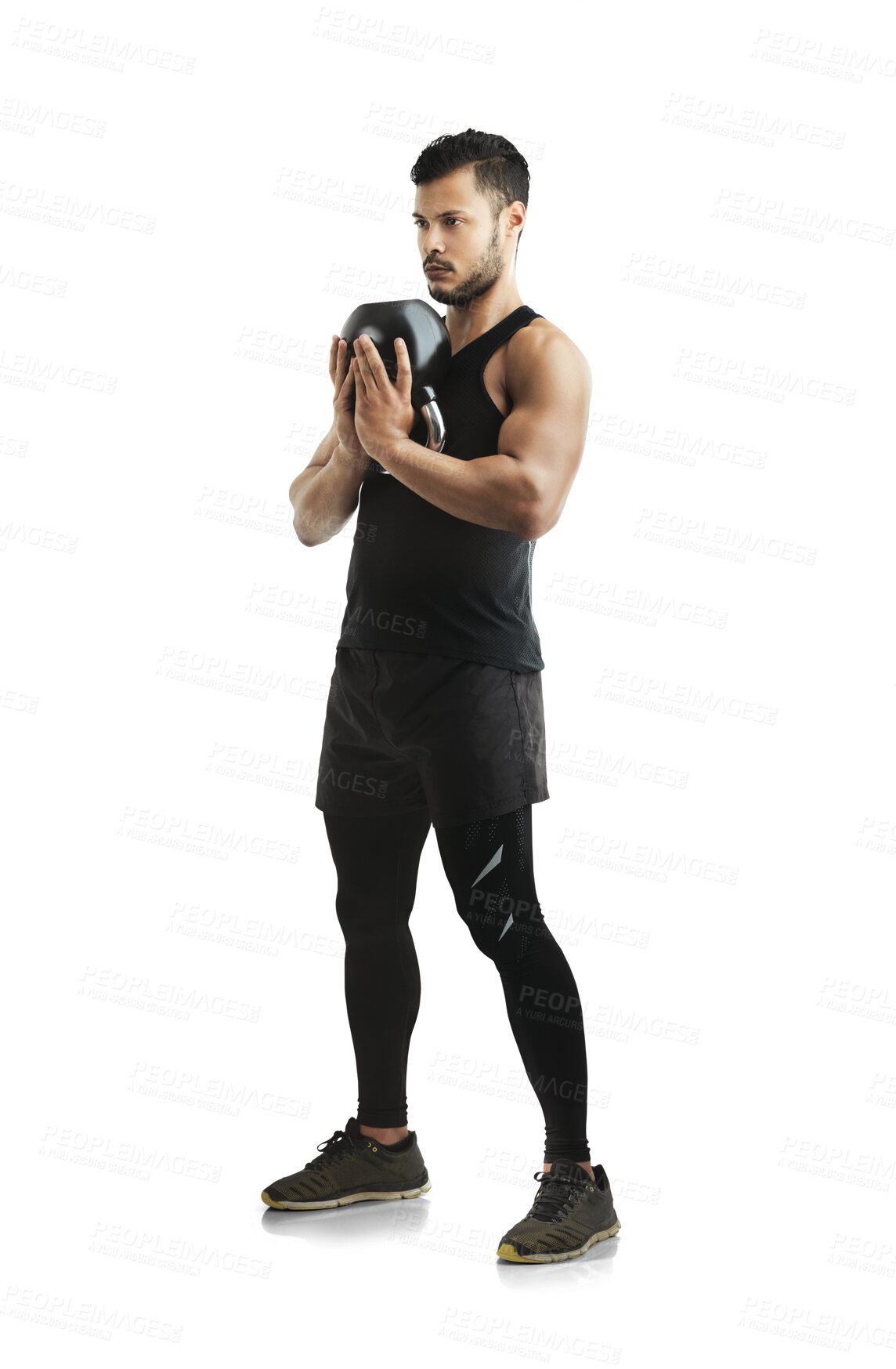 Buy stock photo Fitness, man with a kettle bell and workout isolated against a transparent png background, Exercising or training, practice or sportswear and male athlete with gym equipment for health wellness 