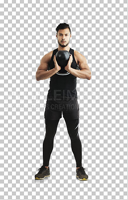 Buy stock photo Portrait, training and kettlebell with an athlete man isolated on a transparent background for health or fitness. Exercise, workout or weight lifting with a male bodybuilder on PNG for strong muscles