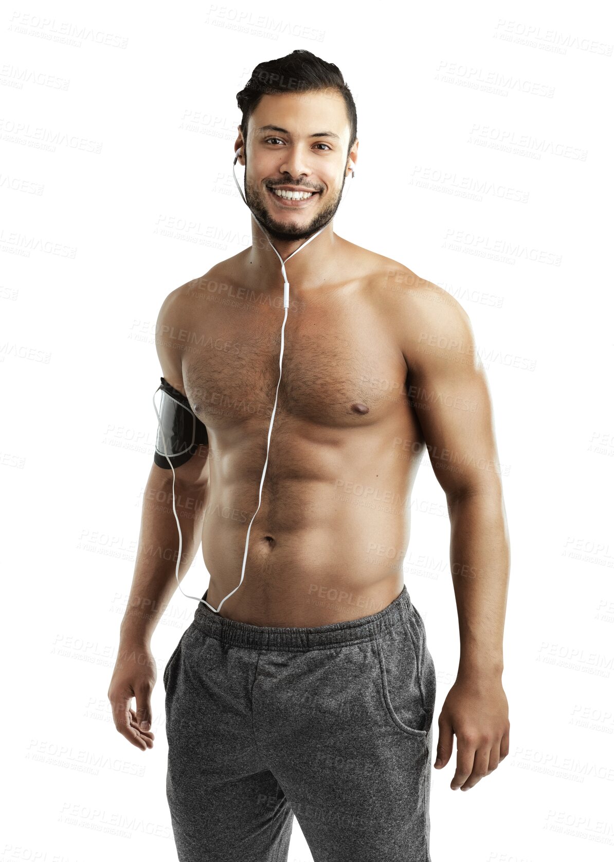 Buy stock photo Portrait, shirtless and smile of man with earphones for music isolated on a transparent png background. Sports, radio and  body of happy athlete listening to exercise, muscle and fitness podcast.