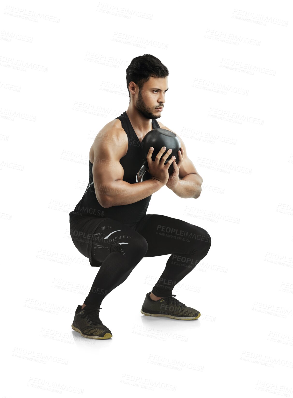 Buy stock photo Fitness, squat exercise and a man with medicine ball isolated on a transparent, png background. Profile of male athlete person, bodybuilder or aesthetic model with training workout for strong muscle