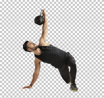 Buy stock photo Exercise, strong and kettlebell with a bodybuilder man isolated on a transparent background for a workout. Fitness, weight lifting and muscular with a young male athlete training for health on PNG