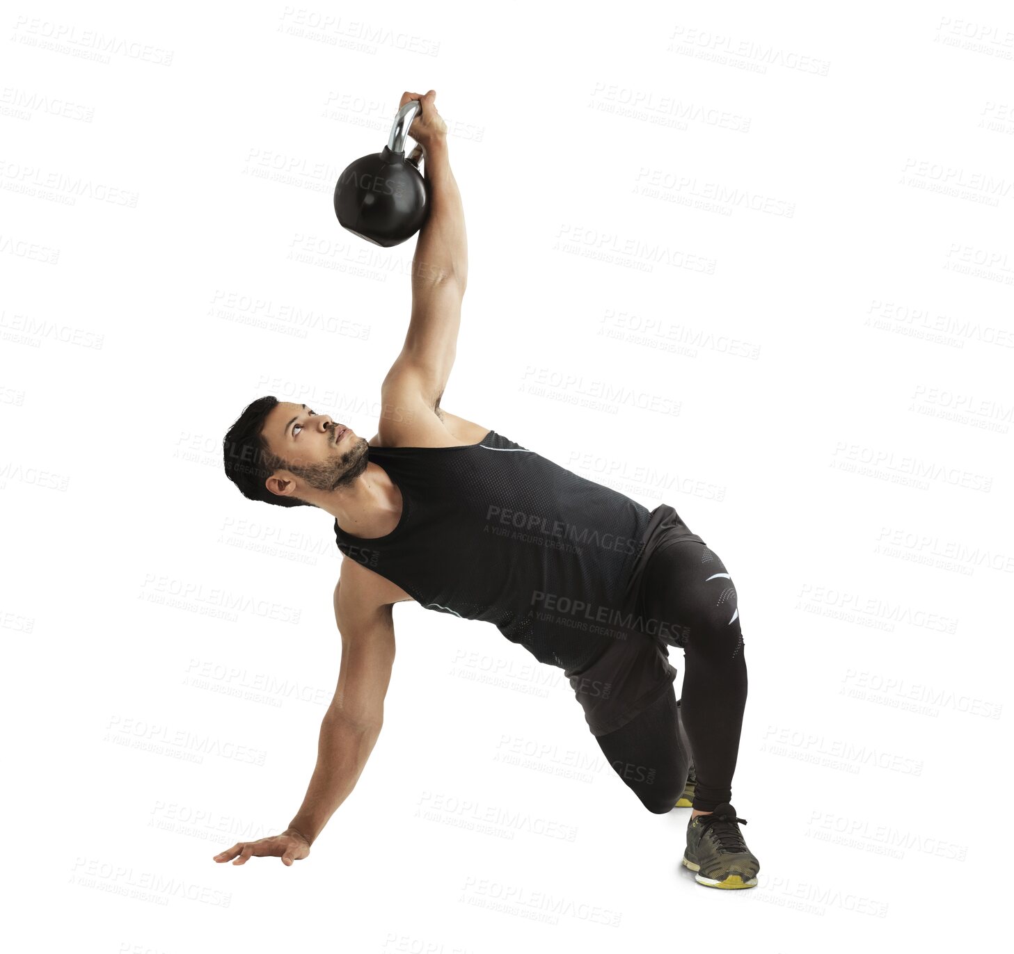 Buy stock photo Exercise, strong and kettlebell with a bodybuilder man isolated on a transparent background for a workout. Fitness, weight lifting and muscular with a young male athlete training for health on PNG