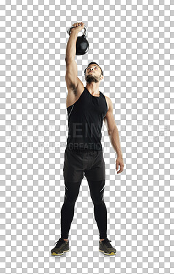 Buy stock photo Fitness, arms and kettlebell with a bodybuilder man isolated on a transparent background for a workout. Exercise, weight lifting and strong with a young male athlete training for health on PNG