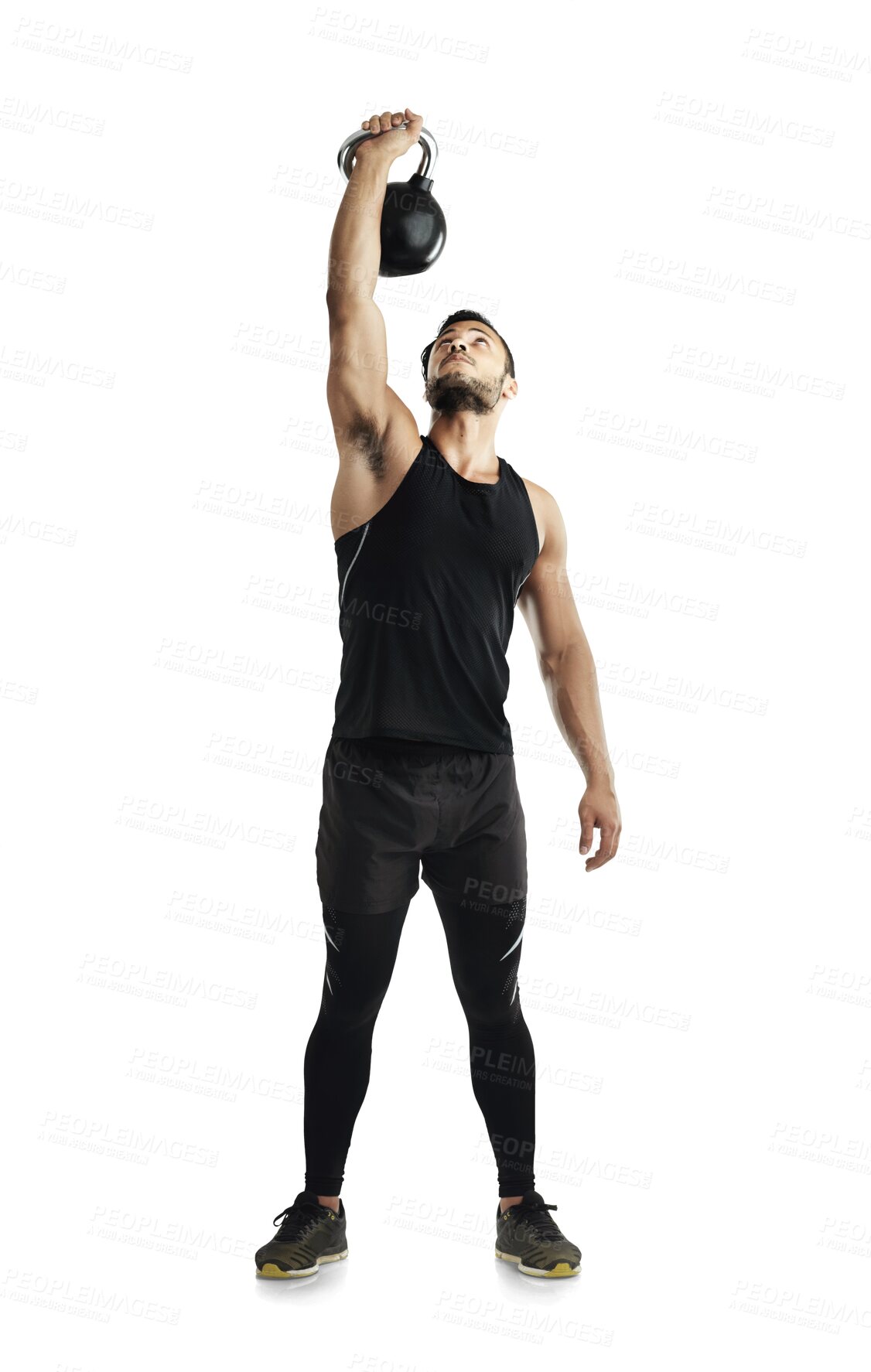 Buy stock photo Fitness, arms and kettlebell with a bodybuilder man isolated on a transparent background for a workout. Exercise, weight lifting and strong with a young male athlete training for health on PNG