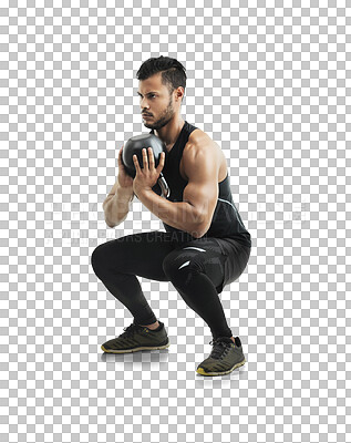 Buy stock photo Fitness, squats exercise and a man with a medicine ball isolated on a transparent, png background. Serious male athlete person, bodybuilder or aesthetic sports model with focus for training workout