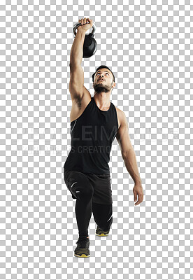 Buy stock photo Fitness, muscular and kettlebell with a bodybuilder man isolated on a transparent background for a workout. Exercise, weight lifting and strong with a young male athlete training for health on PNG