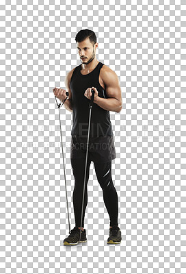 Buy stock photo Fitness, arms of bodybuilder with resistance band and training isolated against a transparent png background. Workout or exercise, sportswear and strong male athlete with gym equipment for sports