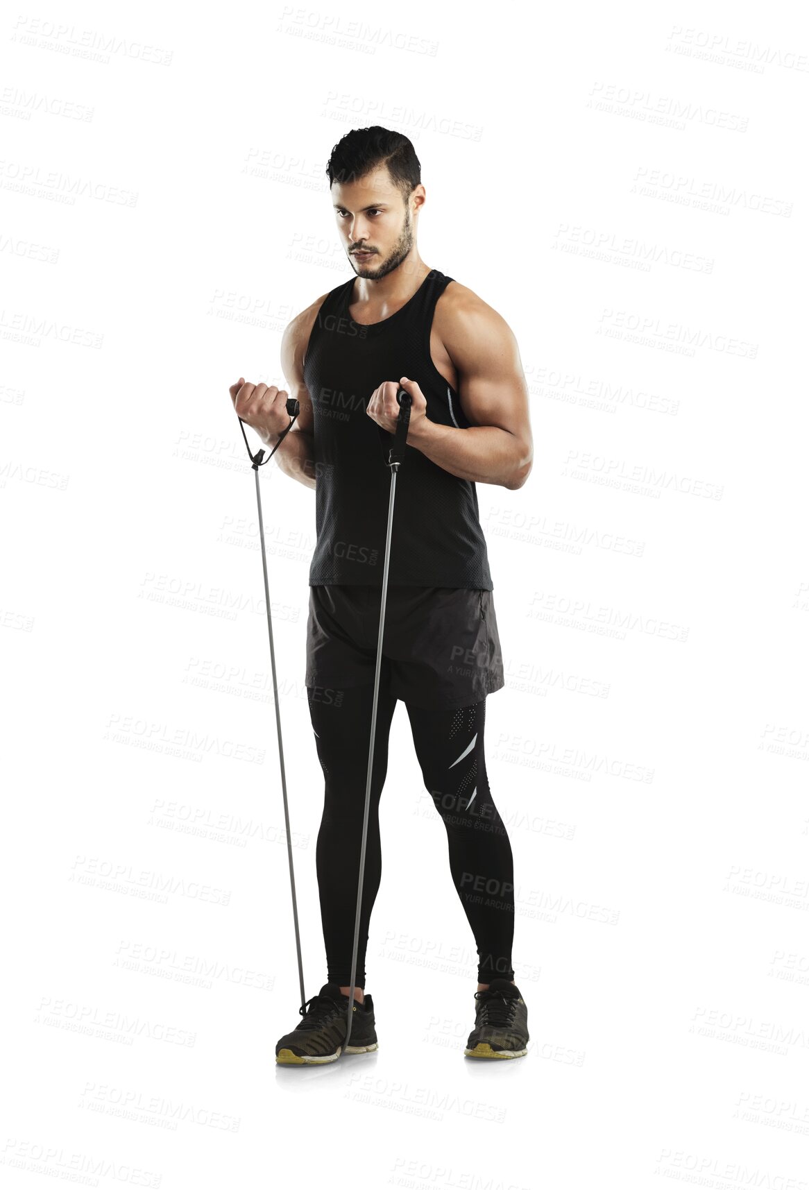 Buy stock photo Fitness, arms of bodybuilder with resistance band and training isolated against a transparent png background. Workout or exercise, sportswear and strong male athlete with gym equipment for sports