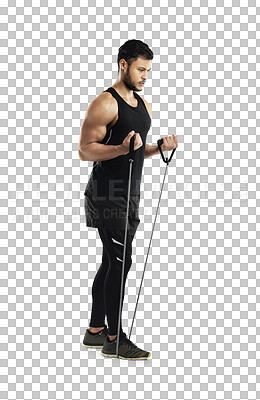 Buy stock photo Fitness, man with resistance band and exercise isolated against a transparent png background. Sportswear or training, workout or health wellness and male athlete or bodybuilder with gym equipment