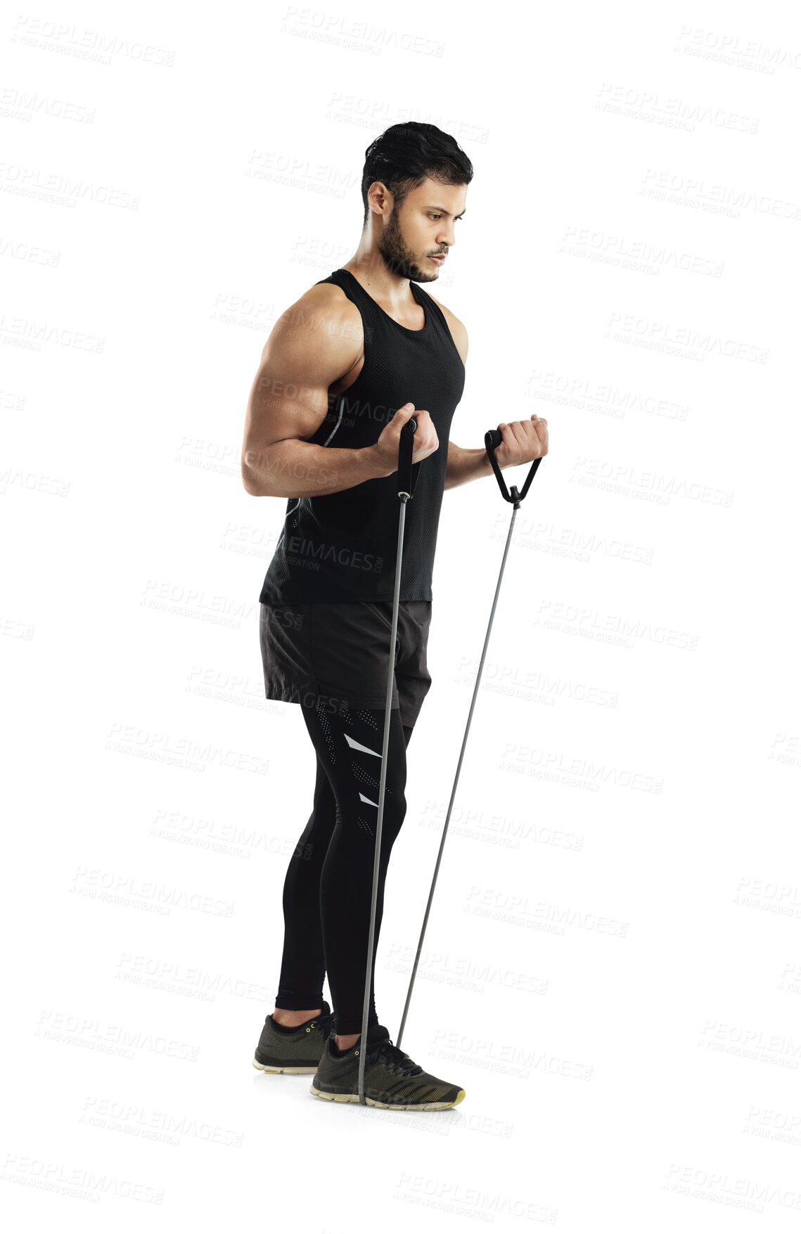 Buy stock photo Fitness, man with resistance band and exercise isolated against a transparent png background. Sportswear or training, workout or health wellness and male athlete or bodybuilder with gym equipment