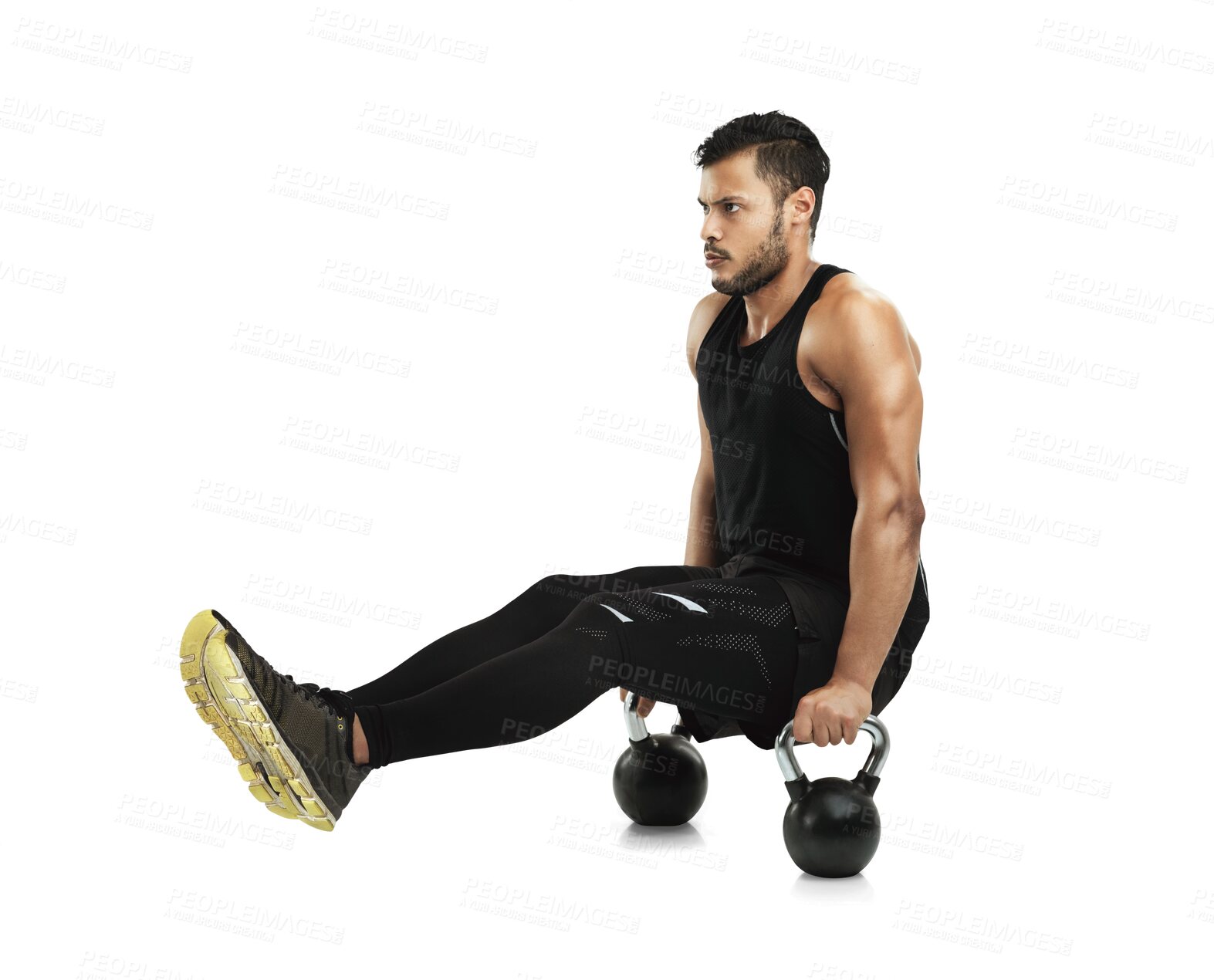 Buy stock photo Man, fitness and balance on kettlebell, bodybuilder and muscle training isolated on transparent png background. Exercise, strong male athlete and concentration with bodybuilding and breathing