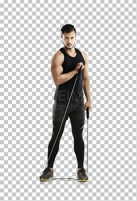 Buy stock photo Fitness, training and portrait of man with focus on resistance band exercise isolated in a transparent or png background. Health, wellness and young athlete or strong person workout for muscle growth