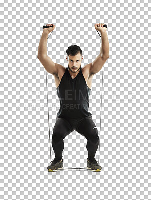 Buy stock photo Fitness, exercise and portrait of athlete with focus on resistance band training isolated in a transparent or png background. Squat, wellness and young man or strong person workout for muscle growth