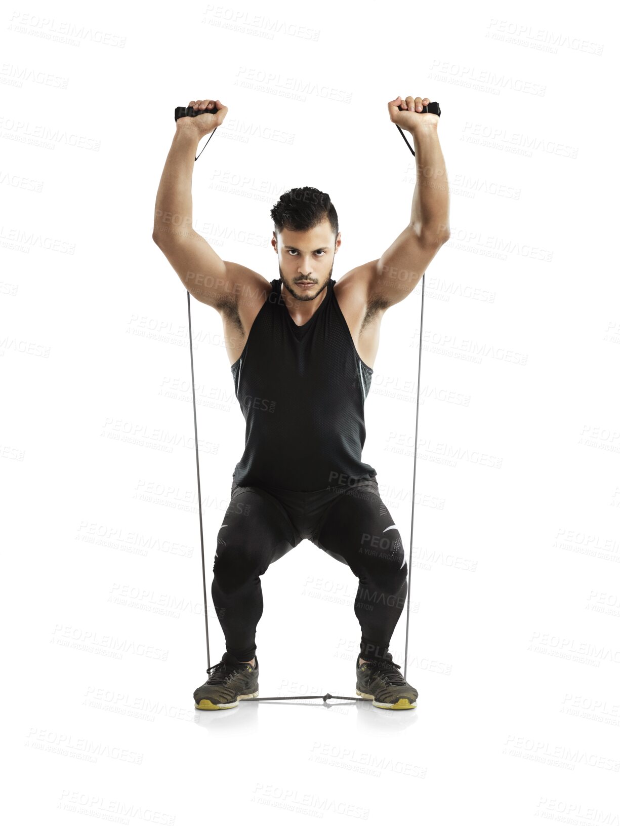 Buy stock photo Fitness, exercise and portrait of athlete with focus on resistance band training isolated in a transparent or png background. Squat, wellness and young man or strong person workout for muscle growth