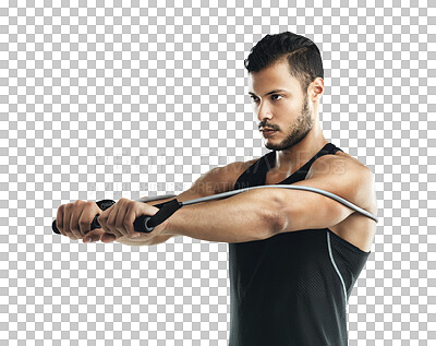 Buy stock photo Fitness, stretching exercise and man with resistance band isolated on a transparent, png background. Focus of serious athlete person, bodybuilder or aesthetic model training for strong muscle growth