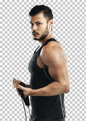 Buy stock photo Fitness, exercise and portrait of a man with resistance band isolated on a transparent, png background. Serious male athlete person, bodybuilder or aesthetic model stretching for training workout