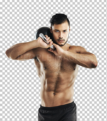 Buy stock photo Portrait, training and kettlebell with a shirtless man isolated on a transparent background for health or fitness. Exercise, body and weight lifting with a male bodybuilder on PNG for strong muscles