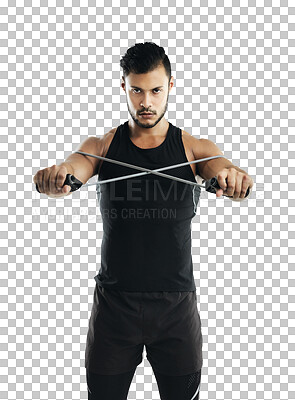 Buy stock photo Fitness, training and resistance band with an athlete man isolated on a transparent background for strength. Exercise, health and wellness with a young male person on PNG for a strong arms workout