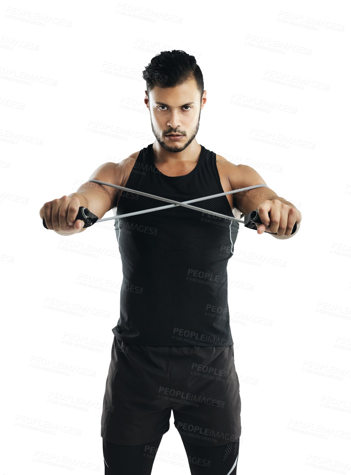 Buy stock photo Fitness, training and resistance band with an athlete man isolated on a transparent background for strength. Exercise, health and wellness with a young male person on PNG for a strong arms workout