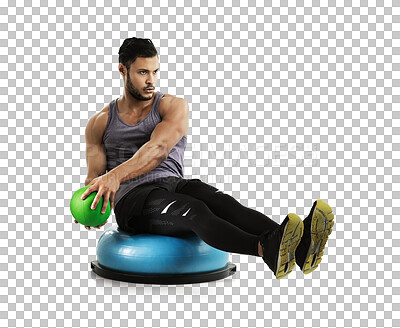 Buy stock photo Isolated man, medicine ball and twist for training, core workout and bosu ball by transparent png background. Guy, model or personal trainer with exercise for strong abs, balance or wellness for body