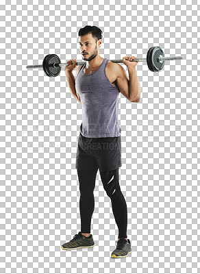 Buy stock photo Fitness, exercise and a bodybuilder man with a barbell isolated on a transparent, png background. Male athlete person or aesthetic model with focus for training workout and strong muscle progress