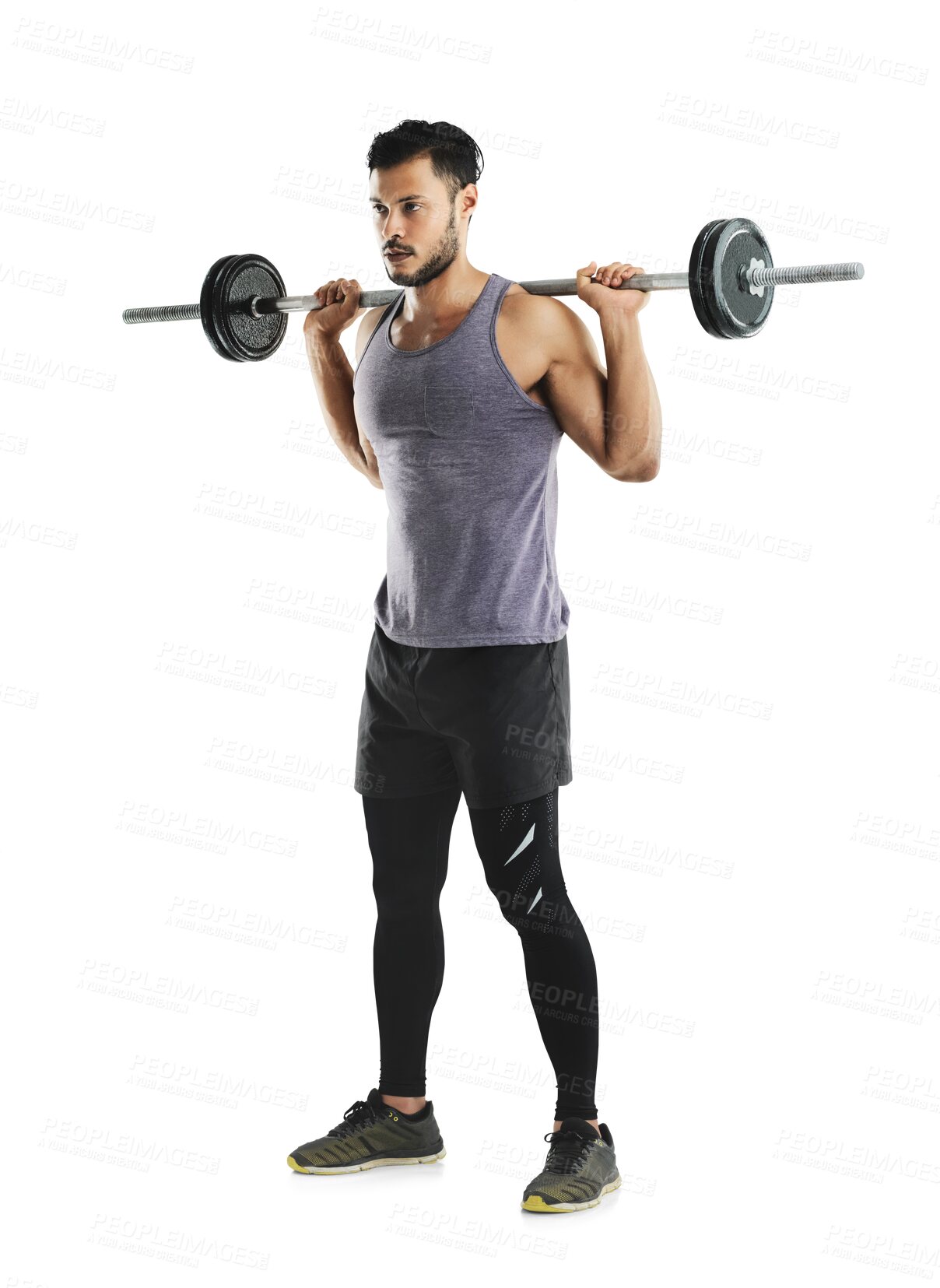 Buy stock photo Fitness, exercise and a bodybuilder man with a barbell isolated on a transparent, png background. Male athlete person or aesthetic model with focus for training workout and strong muscle progress