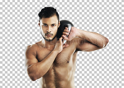 Buy stock photo Portrait, fitness and kettlebell with a bodybuilder man isolated on a transparent background for a workout. Exercise, weight lifting or strong with a shirtless male athlete training for health on PNG