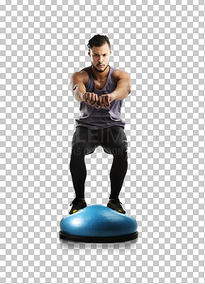 Buy stock photo Exercise, man and a bosu ball for balance isolated on transparent, png background. Portrait of serious male athlete person, bodybuilder or aesthetic model for fitness training or squat workout