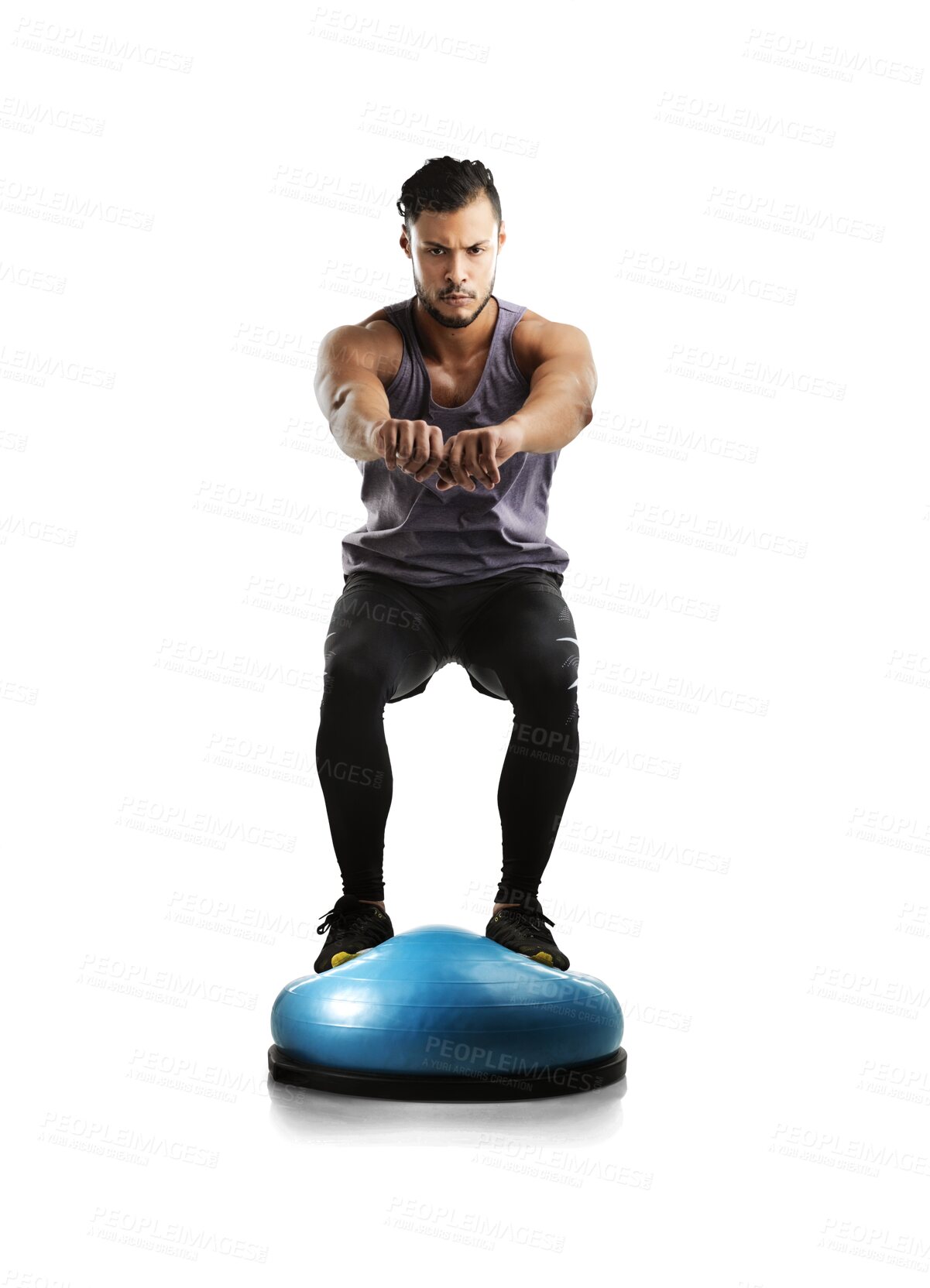 Buy stock photo Exercise, man and a bosu ball for balance isolated on transparent, png background. Portrait of serious male athlete person, bodybuilder or aesthetic model for fitness training or squat workout